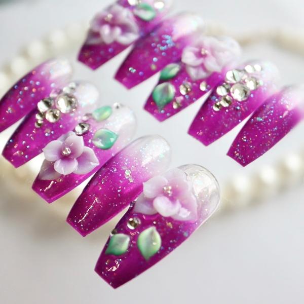 ジェルネイルチップ 付け爪 ショート ロング 和風 成人式 パープルラメ