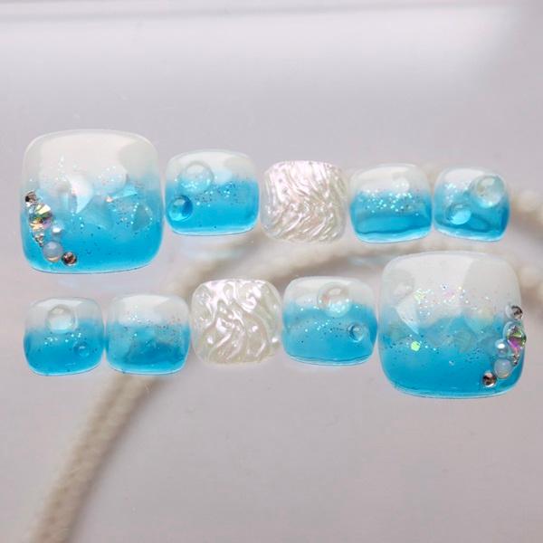 【フット】ブルーシェル フットネイルチップ ジェルネイル フットネイルチップ ブルーシェル埋め込み水滴 足