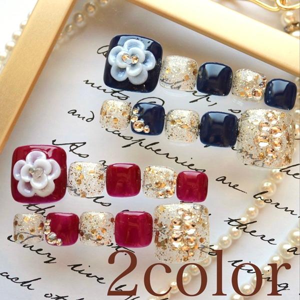 【オーダー】ネイルチップ　ネイビー　ゴールド　リボン　ハート 現品 ネイルチップ リボン ネイビー 淡色ネイル ゴールド - メルカリ