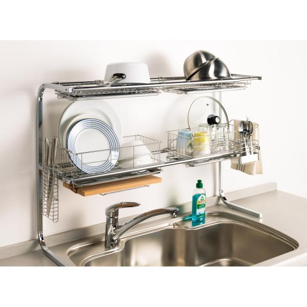 手前すっきり伸長式2段シンク上水切りラック