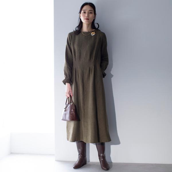ブラッシュリネン ウエストタックワンピース ワンピース マキシワンピース ロングワンピース N60673 dinos（ディノス） ブラッシュリネン ウエストタックワンピース
