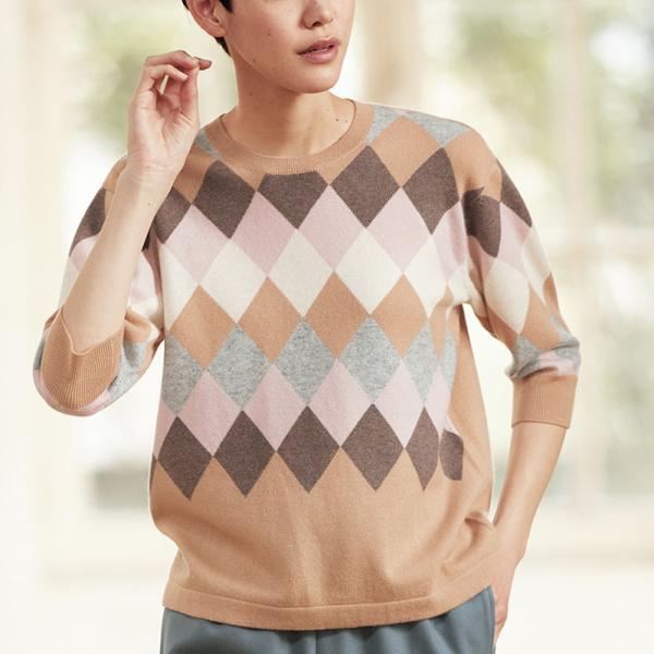 dinos（ディノス） ウールカシミヤインターシャ アーガイル柄プル