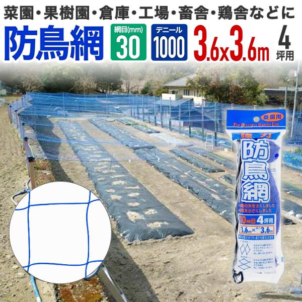 ダイオ 強力防鳥網 ブルー 30mm目 4坪 3.6mx3.6m 1000D 農園芸用 糸が
