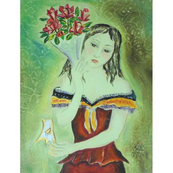 人物絵画 油絵 小澤勇寿郎 作 仮面を持つ少女 0号サイズ 人物絵画 油絵 小澤勇寿郎 作 仮面を持つ少女 0号サイズ