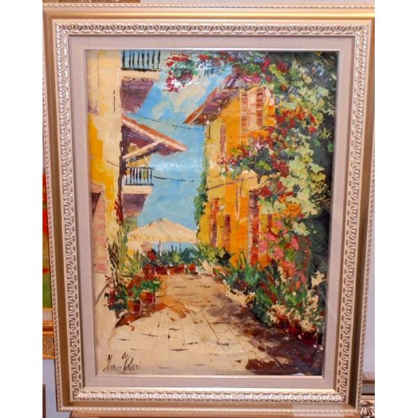 油絵 絵画 マルコ 作 イタリア旧市街風景・通りの花 リビング