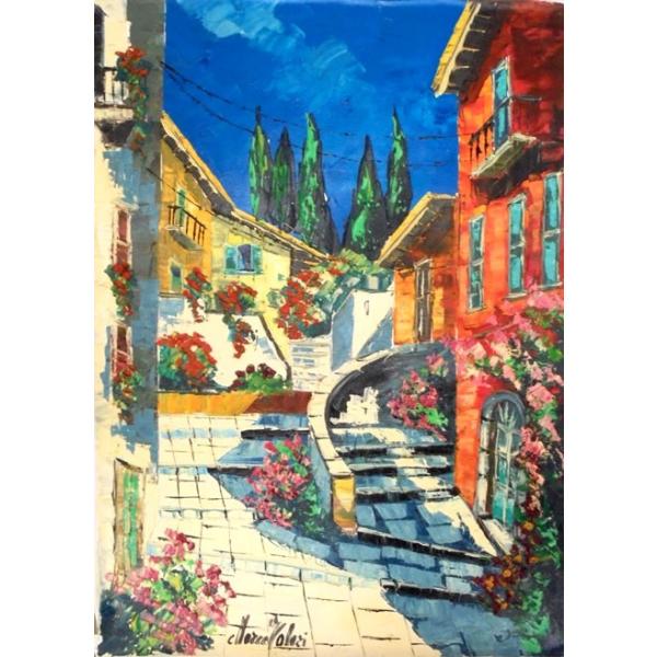 油絵 絵画 マルコ 作 イタリア風景 「階段と家並」 インテリア 油絵 絵画 マルコ 作 イタリア風景 「階段と家並」 インテリア