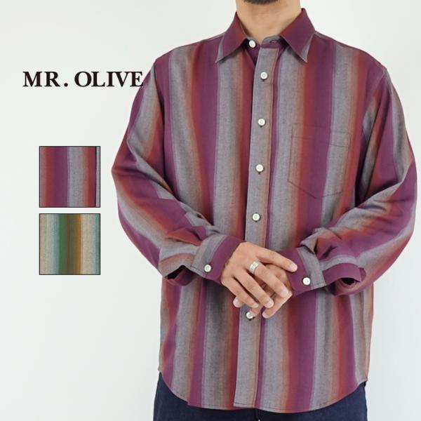 レーヨンツイルストライプレギュラーカラーシャツ　ミスターオリーブ　MR.OLIVE　RAYON TWILL STRIPE REGULAR COLLAR SHIRT