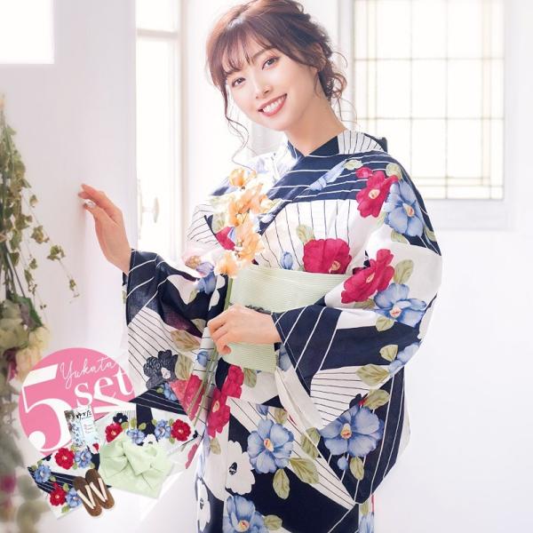 浴衣 セット レディース 大人 ゆかた 帯 下駄 着付け本 腰ひも ネイビー かわいい 青 レトロ 簡単 椿 レトロ ストライプ 白 赤 モダン Buyee Buyee Japanese Proxy Service Buy From Japan Bot Online
