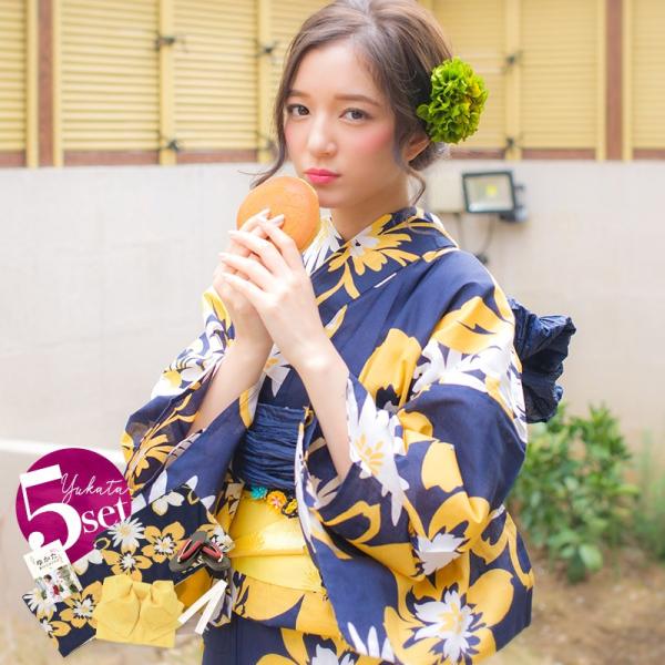 購入アウトレット 黄色 着付マニュアル本 浴衣 浴衣 桔梗 新作 平帯 女性浴衣4点フルセット ゆかた 京都本格 下駄 レディース ネイビー セット 9sbcb 21 大量購入 Ventures Com My