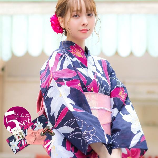 浴衣 レディース セット 京都本格 女性浴衣5点フルセット ゆかた 作り帯 下駄 腰ひも 着付マニュアル本 紺 ユリ ピンク かわいい 花 簡単 Buyee Servis Zakupok Tretim Licom Buyee Pokupajte Iz Yaponii