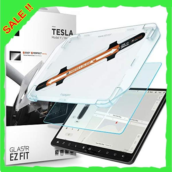 人気アイテムSpigen EZ Fit ガラスフィルム Tesla Model 3 / Model Y 用 貼り付けキット付き アンチグレア加工 テスラ モデル 3 と モデル Y 対応 さらさら AG 保護 フィルム
