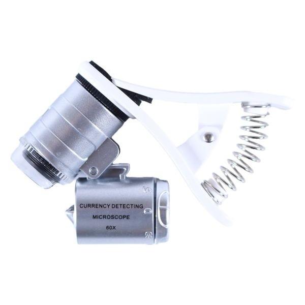 【特長】 倍率は60倍で、LED（UV）ライト付きなので調整ができる。 携帯カメラ用クリップ付きなので携帯に装着でき、クリップは取り外し可能。 テスト用電池付属。 【用途】 精密機器の組立・精度・検査（キズ・汚れ・破損）など微細箇所の拡大確...