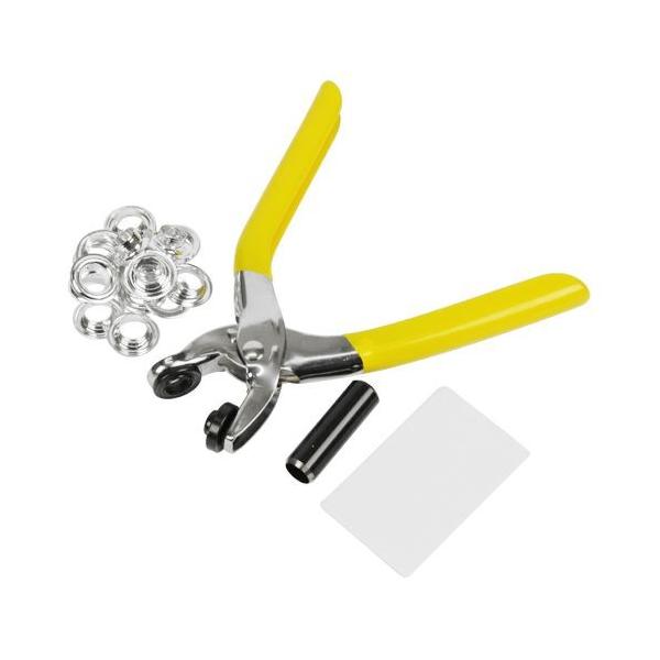 両面ハトメで仕上がりが美しく丈夫になります。 バッグ・カーテン・服飾等の穴の補強・補修。 アルミ製なので錆びにくく、取付けが簡単です。 ●ハトメ穴径:約12.0mm。 ●最大取付厚:約3.5mm。 ●下穴サイズ:12.0mm。 ●グリップ:...