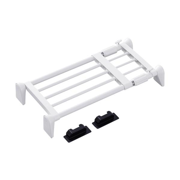 ■特長 ねじや釘を使わずに壁にしっかりと固定できる伸縮棚です。  圧着部をL字型にすることで、十分な耐荷重を実現しました。  ポールが自由に伸縮するため、段差のある壁も取り付け可能です。  一人でも簡単に取り付けができるアダプターが2個付い...