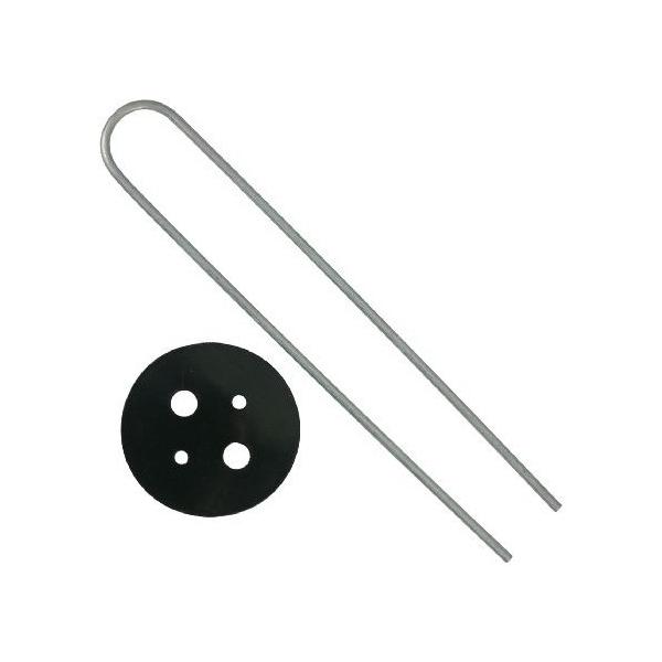 ●防草シート、不織布、マルチ、その他シート、ネット類の止め杭に最適。 ●U字型のピンを黒丸の穴に差し込みご使用下さい。 ●材質:ピン/スチール製(シルバー色)、黒丸/ポリエチレン製(黒色) ●ワイヤー部:長さ20cm×幅3cm  【サイズ】...