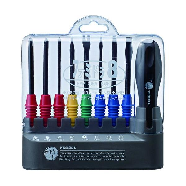 ■特徴 手のひらにフィットするエルゴノミックハンドルです。 ドライバー軸はクロムバナジウム鋼です。 色分けされたカラフルな差替軸です。 取り出しやすい横一列配列のスタンドです。  ■仕様 先端:マグネット入り 全身焼入  ■セット内容 ハン...