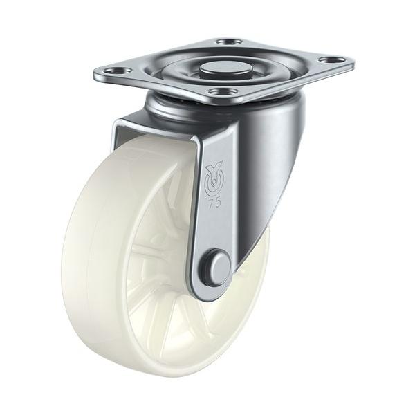 ■特徴 走行性、耐荷重性を備えた小型キャスターです。  ■用途 台車や家具、什器に。  ■仕様 プレート式 自在式  ■材質 金具:スチール 金具表面処理:三価ユニクロ仕上げ 車輪:ナイロン ●許容荷重(kgf):81.6 ●車輪径D(mm...