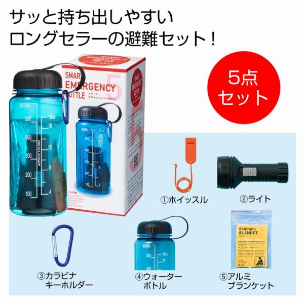 ●セット内容：  ウォーターボトル×1・カラビナキーホルダー×1・アルミブランケット×1・ホイッスル×1・LEDハンディライト×1  単3形乾電池1本使用(別売)●サイズ：1.ウォーターボトル/直径7.5cm  高さ18.5cm(適正容量/...