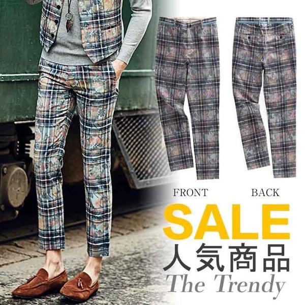 送料無料花柄 テーパードパンツ ロングパンツ チェック柄 スキニー