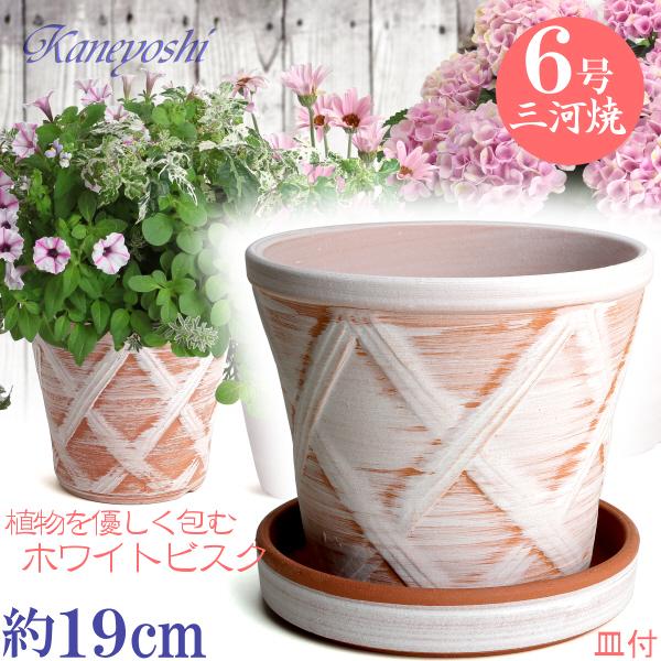 受皿付 植木鉢 おしゃれ 安い 陶器 サイズ 19cm ハーブのかおり 6号 ホワイトビスク ＆ ＭＡ受皿6号 ホワイトビスク付 室内 屋外