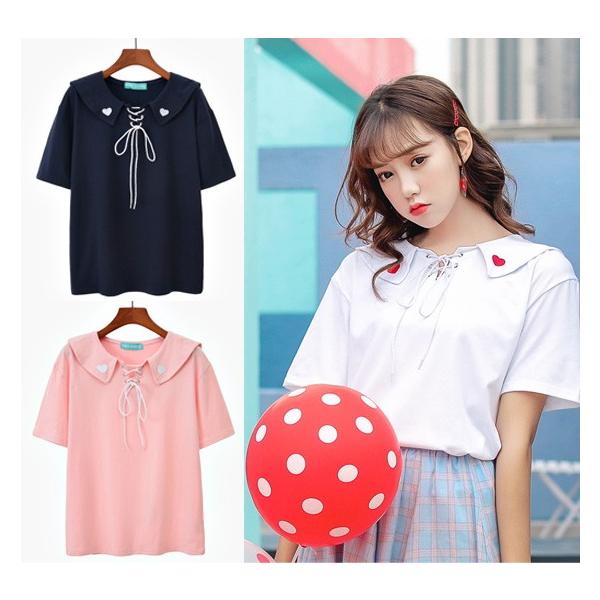 韓国ファッション レディース 半袖tシャツ セーラー服風 トップス 制服系 襟付き ハート オルチャン 原宿 夏 Buyee 日本代购平台 产品购物网站大全 Buyee一站式代购 Bot Online