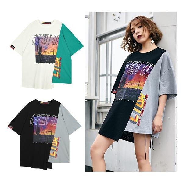 韓国ファッション 半袖 Tシャツ レディース トップス ストリート系 原宿系 バイカラー アシンメトリー 個性的 夏 Buyee Buyee 日本の通販商品 オークションの代理入札 代理購入