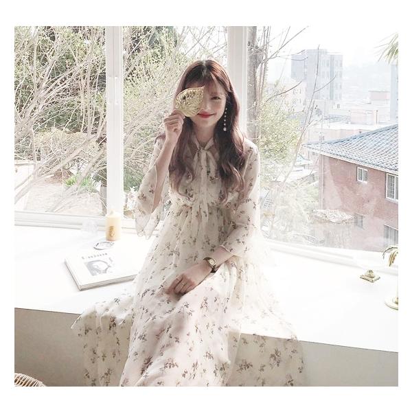 韓国ファッション シフォン ロング ワンピース 半袖 レディース 花柄 オルチャン 夏