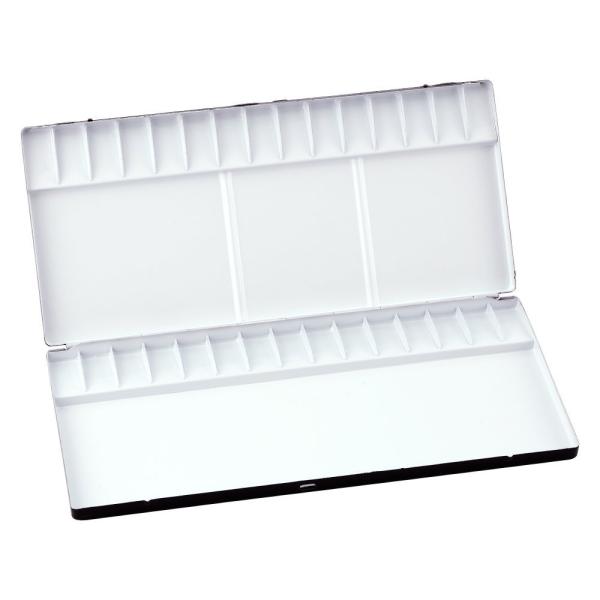 水彩やデザイン用の絵具は油絵具と比べやわらかく、しかも水でうすめて使用することが多いのでパレットは色別の仕切りや、混色皿の仕切りがついたものが便利です。●材質アルミ製・焼付塗装●サイズW303×D277(mm)●備考30仕切