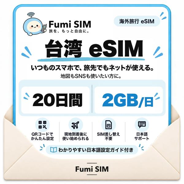 台湾 eSIM 20日間 毎日2GB テザリング可 SIM差し替え不要 Wi-Fiレンタル不要 QRコードで設定 台湾旅行 出張 台北 高雄 Fumi SIM
