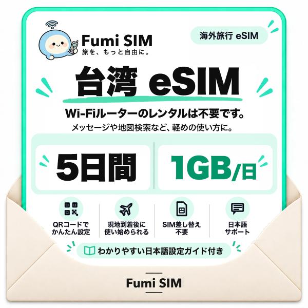 台湾 eSIM 5日間 毎日1GB テザリング可 SIM差し替え不要 Wi-Fiレンタル不要 QRコードで設定 台湾旅行 出張 台北 高雄 Fumi SIM