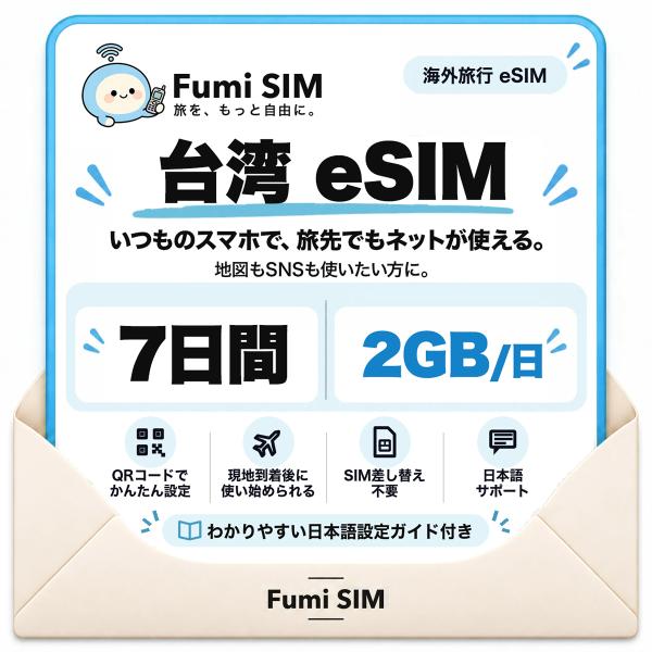 台湾 eSIM 7日間 毎日2GB テザリング可 SIM差し替え不要 Wi-Fiレンタル不要 QRコードで設定 台湾旅行 出張 台北 高雄 Fumi SIM