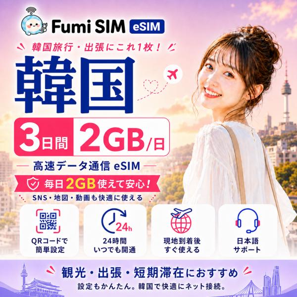 韓国eSIM 3日間 2GB/日 データ通信専用 QRコード発行 LINE日本語サポート テザリング対応 有効期限60日 パスポート不要