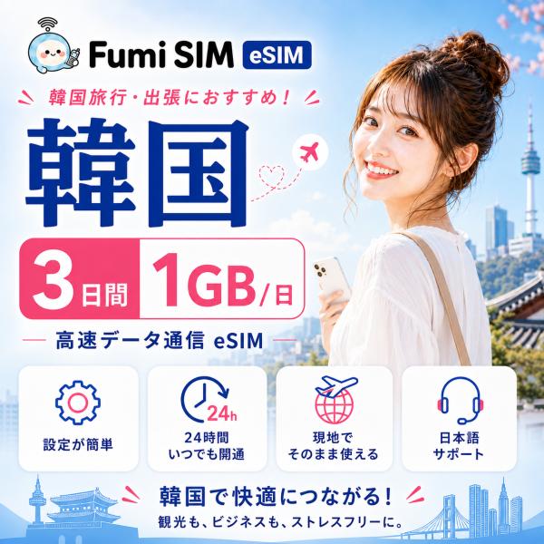 韓国eSIM 3日間 1GB/日 データ通信専用 QRコード発行 LINE日本語サポート テザリング対応 有効期限60日 パスポート不要