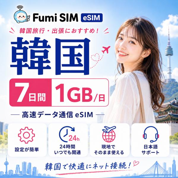 韓国eSIM 7日間 1GB/日 データ通信専用 QRコード発行 LINE日本語サポート テザリング対応 有効期限60日 パスポート不要