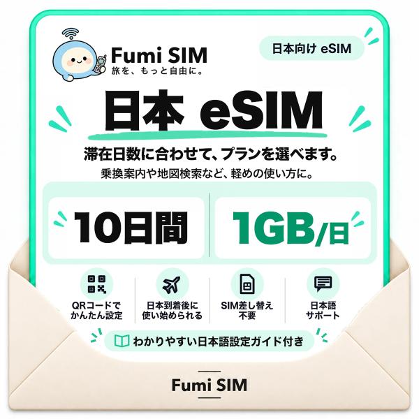 日本 eSIM 10日間 毎日1GB テザリング可 SIM差し替え不要 Wi-Fiレンタル不要 QRコードで設定 一時帰国 国内旅行 出張 Fumi SIM
