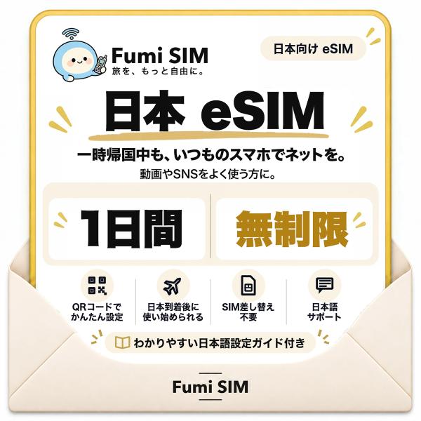 日本 eSIM 1日間 データ無制限 テザリング可 SIM差し替え不要 Wi-Fiレンタル不要 QRコードで設定 一時帰国 国内旅行 出張 Fumi SIM