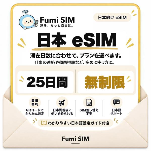 日本 eSIM 25日間 データ無制限 テザリング可 SIM差し替え不要 Wi-Fiレンタル不要 QRコードで設定 一時帰国 国内旅行 出張 Fumi SIM