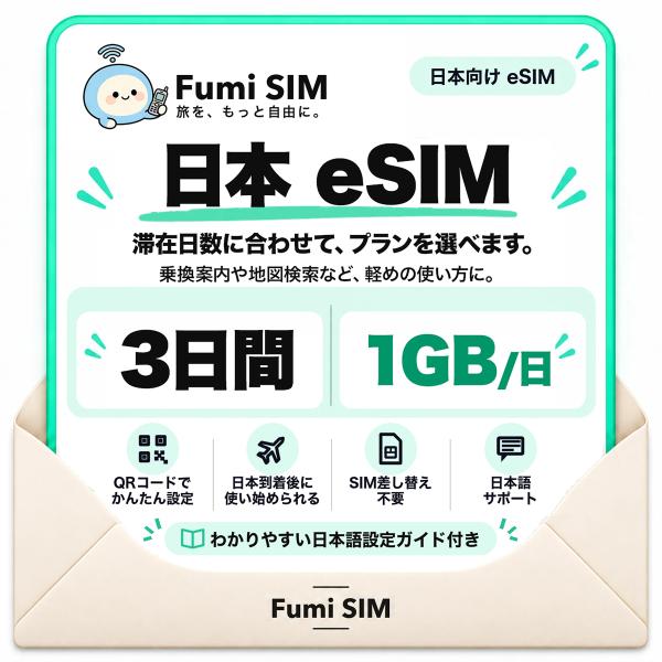 日本 eSIM 3日間 毎日1GB テザリング可 SIM差し替え不要 Wi-Fiレンタル不要 QRコードで設定 一時帰国 国内旅行 出張 Fumi SIM