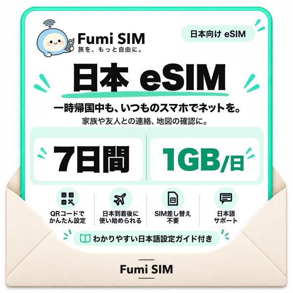 日本 eSIM 7日間 毎日1GB テザリング可 SIM差し替え不要 Wi-Fiレンタル不要 QRコードで設定 一時帰国 国内旅行 出張 Fumi SIM