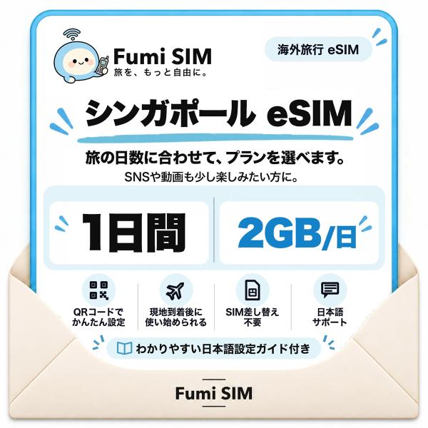 シンガポール eSIM 一日間 24時間 2GB テザリング可 SIM差し替え不要 Wi-Fiレンタル不要 QRコードで設定 シンガポール旅行 出張 マリーナベイ Fumi SIM