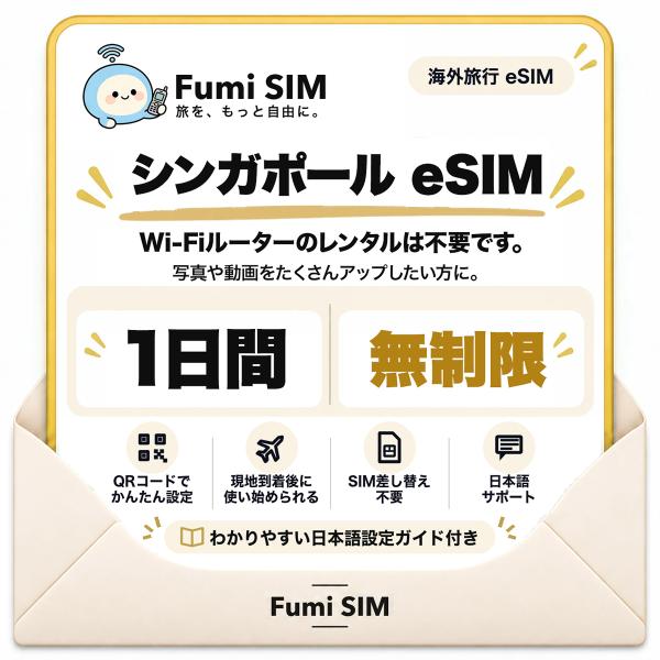 シンガポール eSIM 1日間 データ無制限 テザリング可 SIM差し替え不要 Wi-Fiレンタル不要 QRコードで設定 シンガポール旅行 出張 マリーナベイ Fumi SIM