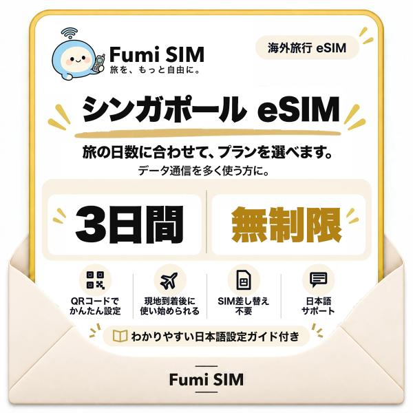 シンガポール eSIM 3日間 データ無制限 テザリング可 SIM差し替え不要 Wi-Fiレンタル不要 QRコードで設定 シンガポール旅行 出張 マリーナベイ Fumi SIM