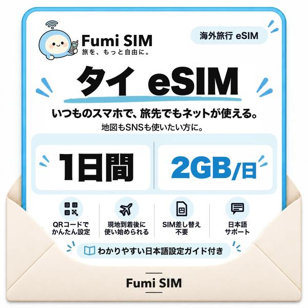 タイ eSIM 一日間 24時間 2GB テザリング可 SIM差し替え不要 Wi-Fiレンタル不要 QRコードで設定 タイ旅行 出張 バンコク Fumi SIM