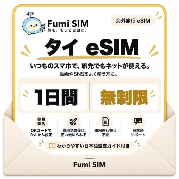 タイ eSIM 1日間 データ無制限 テザリング可 SIM差し替え不要 Wi-Fiレンタル不要 QRコードで設定 タイ旅行 出張 バンコク Fumi SIM
