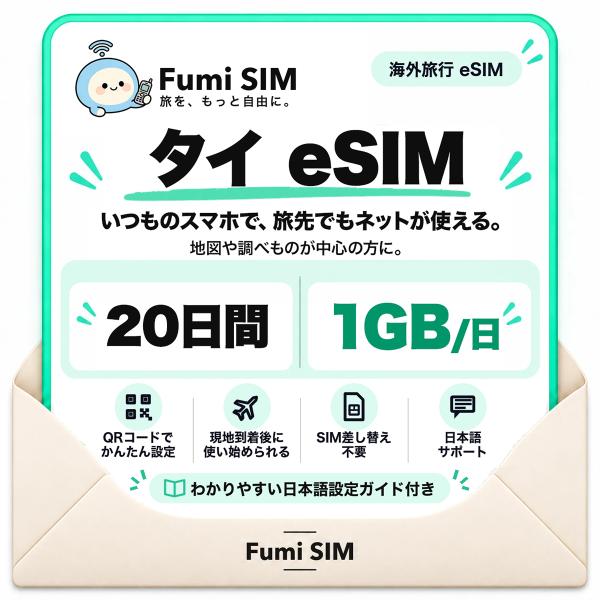 タイ eSIM 20日間 毎日1GB テザリング可 SIM差し替え不要 Wi-Fiレンタル不要 QRコードで設定 タイ旅行 出張 バンコク Fumi SIM