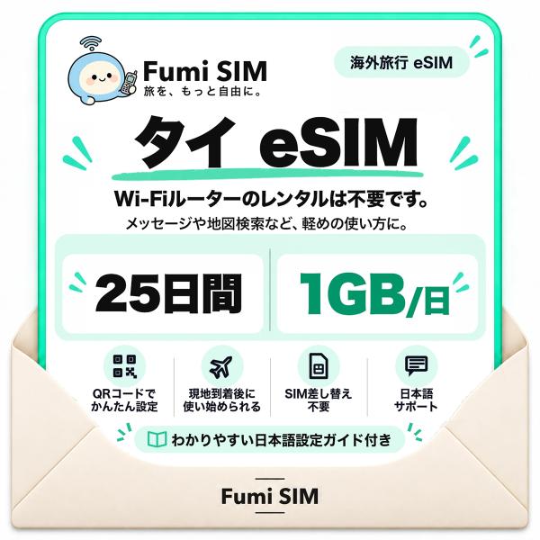 タイ eSIM 25日間 毎日1GB テザリング可 SIM差し替え不要 Wi-Fiレンタル不要 QRコードで設定 タイ旅行 出張 バンコク Fumi SIM