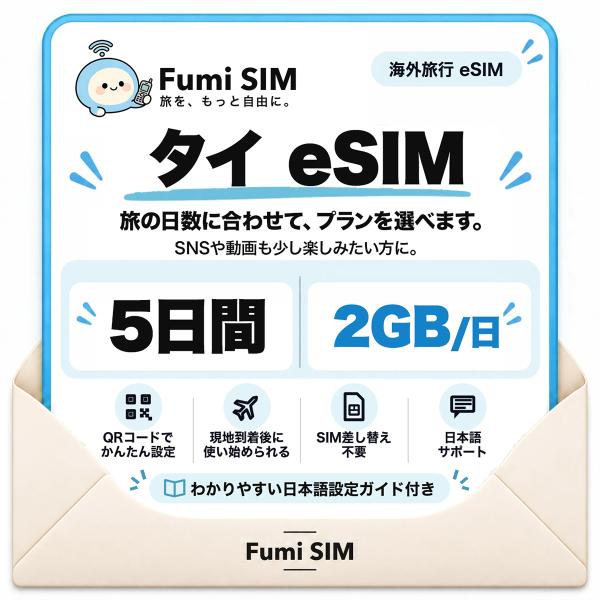 タイ eSIM 5日間 毎日2GB テザリング可 SIM差し替え不要 Wi-Fiレンタル不要 QRコードで設定 タイ旅行 出張 バンコク Fumi SIM
