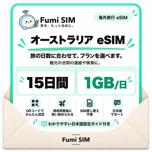 オーストラリア eSIM 15日間 毎日1GB テザリング可 SIM差し替え不要 Wi-Fiレンタル不要 QRコードで設定 オーストラリア旅行 出張 シドニー ケアンズ Fumi SIM