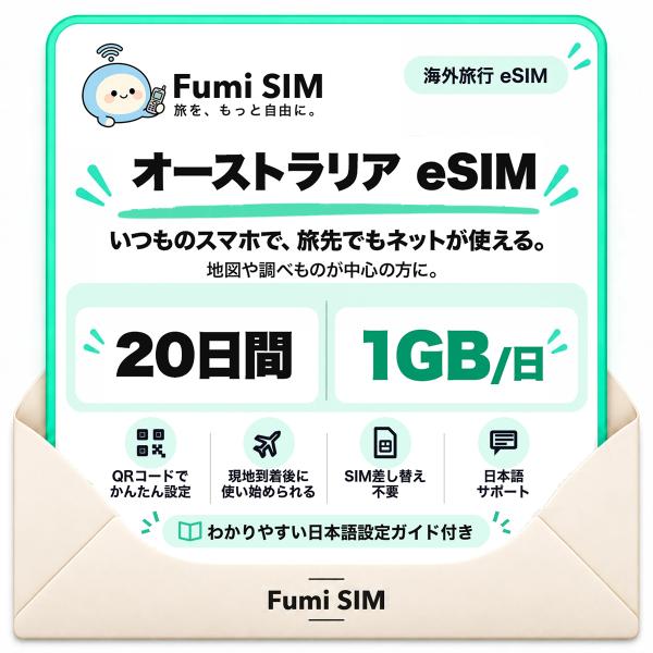 オーストラリア eSIM 20日間 毎日1GB テザリング可 SIM差し替え不要 Wi-Fiレンタル不要 QRコードで設定 オーストラリア旅行 出張 シドニー ケアンズ Fumi SIM