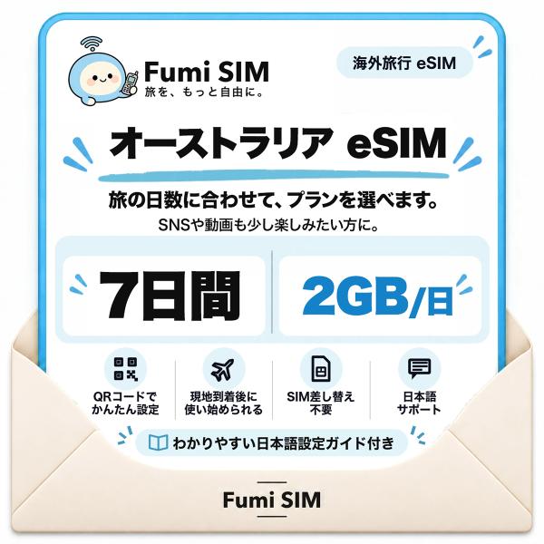 オーストラリア eSIM 7日間 毎日2GB テザリング可 SIM差し替え不要 Wi-Fiレンタル不要 QRコードで設定 オーストラリア旅行 出張 シドニー ケアンズ Fumi SIM